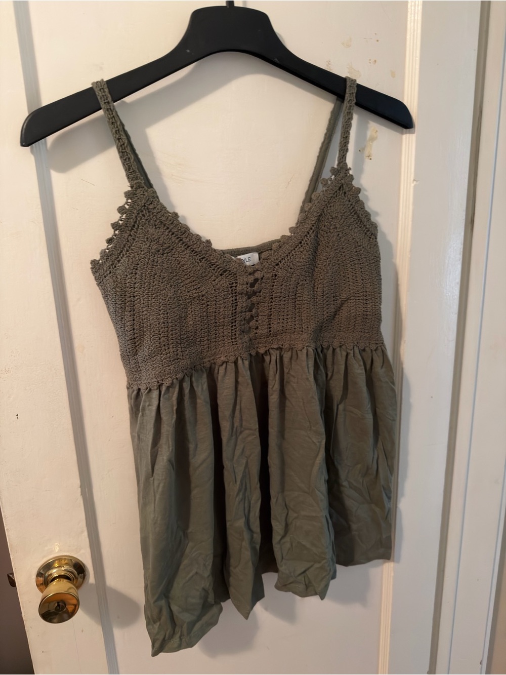 Sleeveless Olive Crochet-Top Babydoll Tank